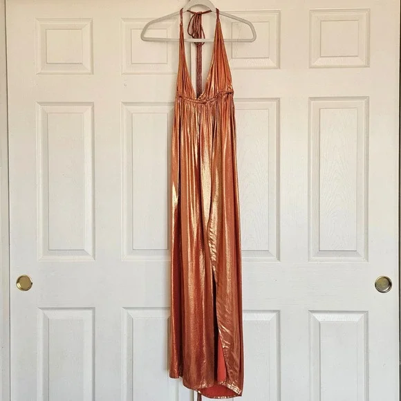 Sundress REVOLVE Metallic Copper Halter Maxi Dress Plunging V-Neck Slit Bronze S - Picture 2 of 8